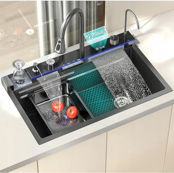 Chiuvetă multifuncțională cu cascade duble – Afișaj digital, robinet și accesorii, 750x460mm, negru