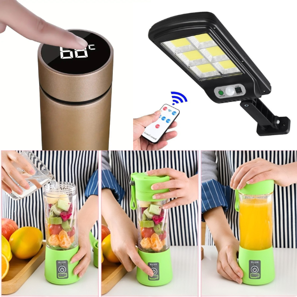 PACHET Termos smart cu afisaj LCD, 0,5 litri + Lampa solara LED cu senzor de miscare + Blender portabil HM 03, acumulator
