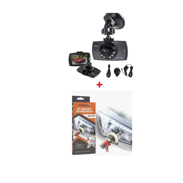 Pachet: Camera auto DVR, 2.4 inch, HD, filmare noaptea + Kit polish faruri, discuri abrazive, pasta, bureti, restaurare faruri