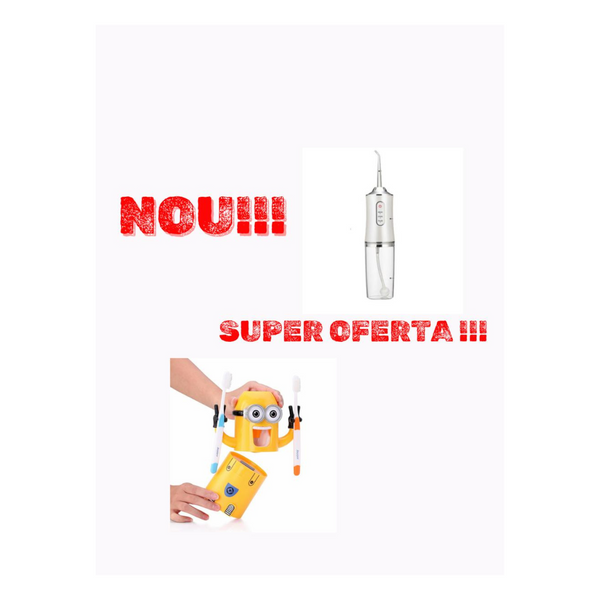 Set: Irigator oral pentru dus bucal, rezervor 200 ml + Dozator pasta de dinti pentru copii, in forma de Minion