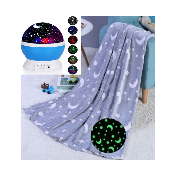 Pachet: Lampa de veghe cu proiectie de stele si luna + Patura copii luminoasa si pufoasa, efect fosforescent