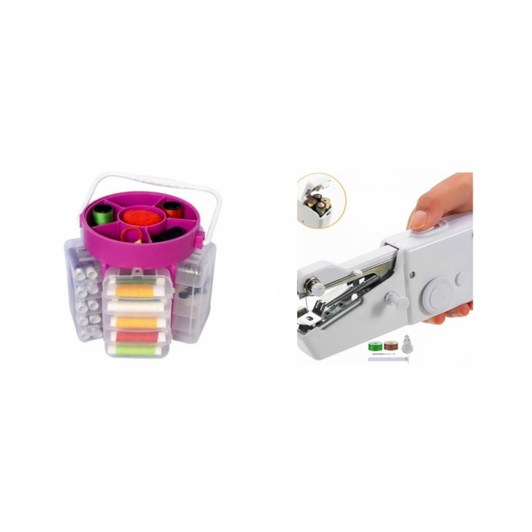 Set Masina de cusut manuala, portabila, cu baterii + Trusa de cusut si croitorie, portabila, cu 210 accesorii