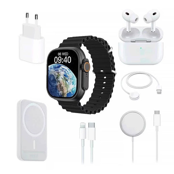 Set complet cu Smartwatch X8 de 2", casti in-ear wireless, incarcator, cabluri, baterie externa, 8 in 1