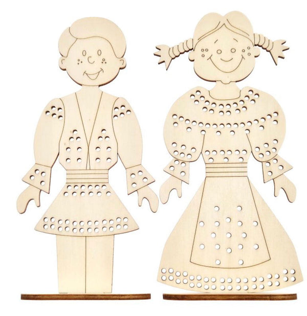 Set figurine fetita + baiat cu suport, pentru cusut si pictat, din lemn 20 cm inaltime