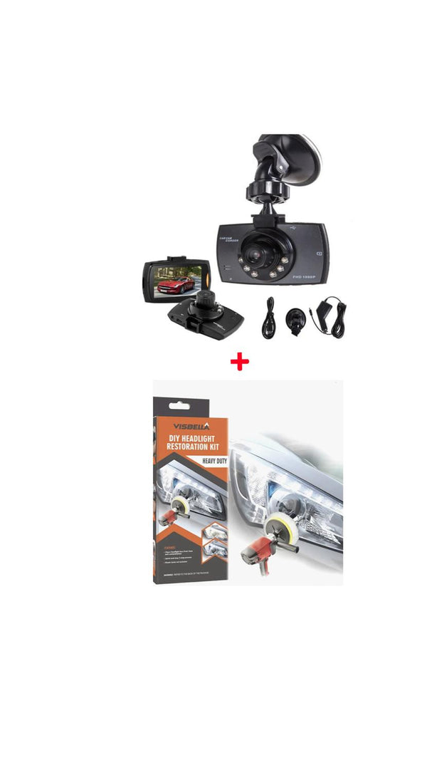 Pachet: Camera auto DVR, 2.4 inch, HD, filmare noaptea + Kit polish faruri, discuri abrazive, pasta, bureti, restaurare faruri